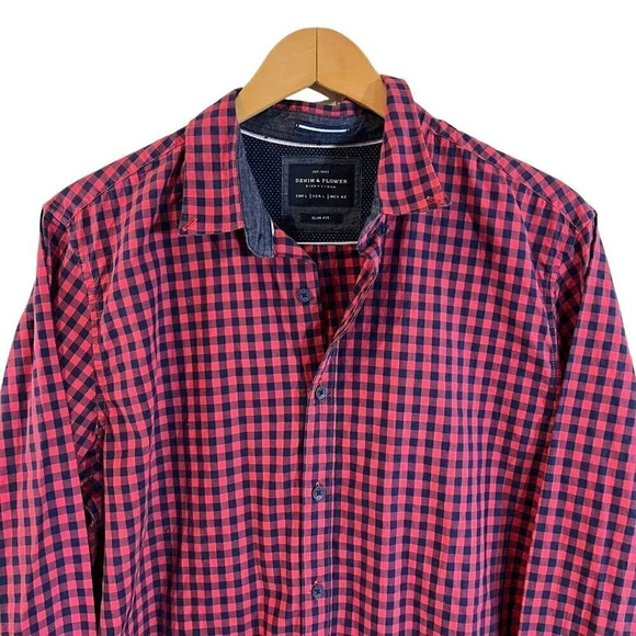Denim & Flower Plaid Button Up Shirt Slim Fit Mens Size Large Red Navy Blue Thin - Picture 3 of 6